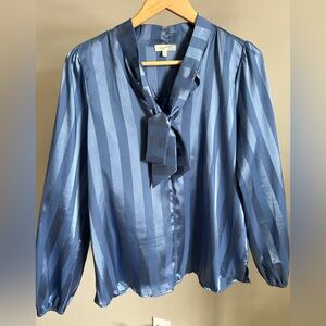 Mystree Navy Satin Blouse with Tie-Neck